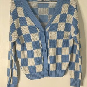 Old Navy Blue and Cream Checkered V-Neck Cardigan